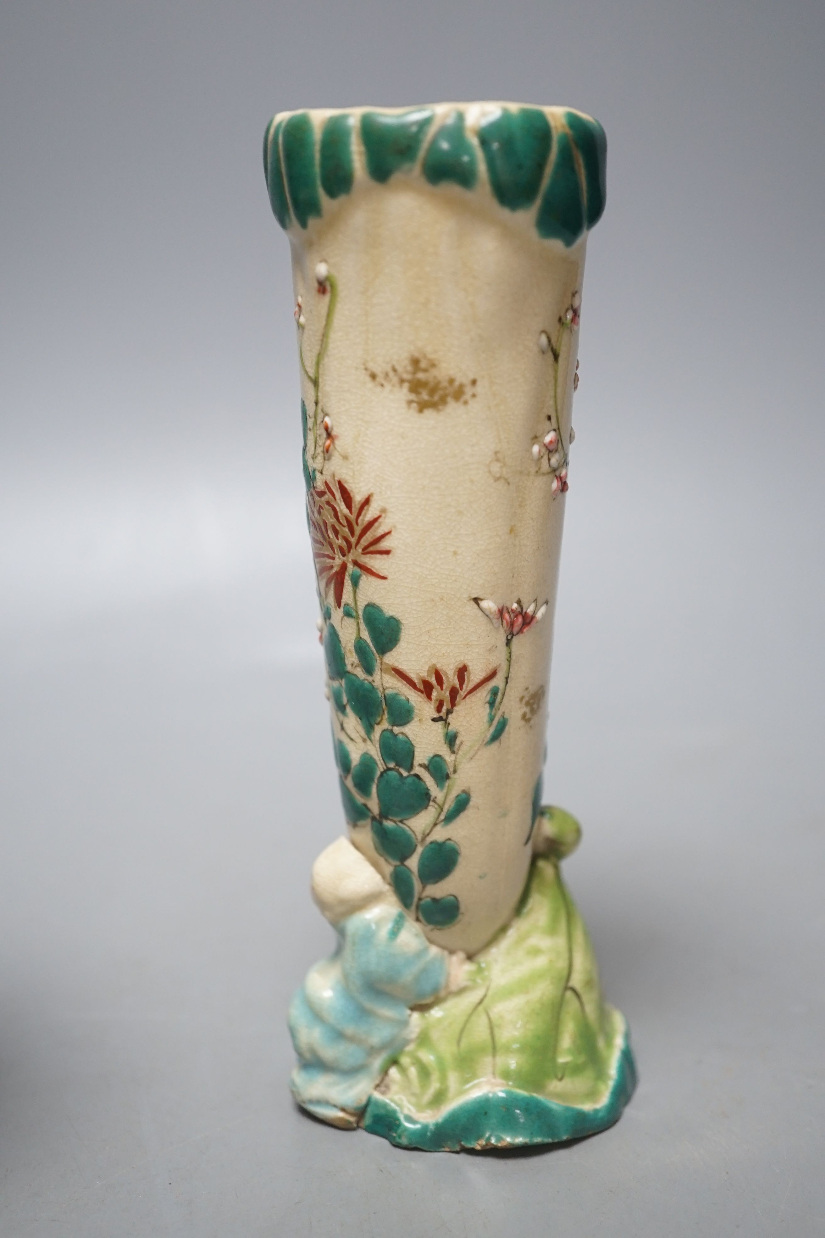 A pair of Chinese famille rose spill vases, Satsuma spill vase and bamboo wrist-rest, Wrist-rest 29 cms long.